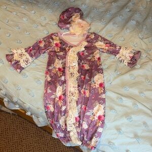 Floral Baby Gown with Lace Trim